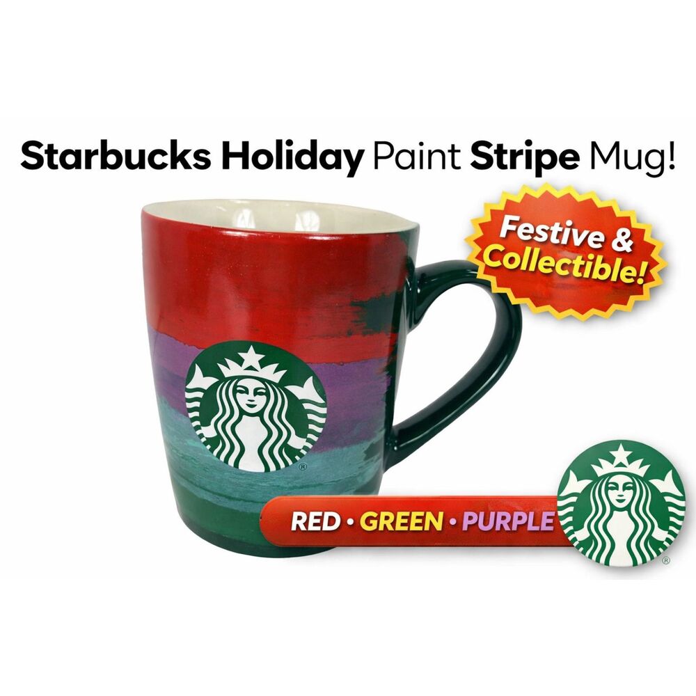 Starbucks Holiday Paint Stripe Mug 2021 10oz Red Green Purple Siren Coffee Cup